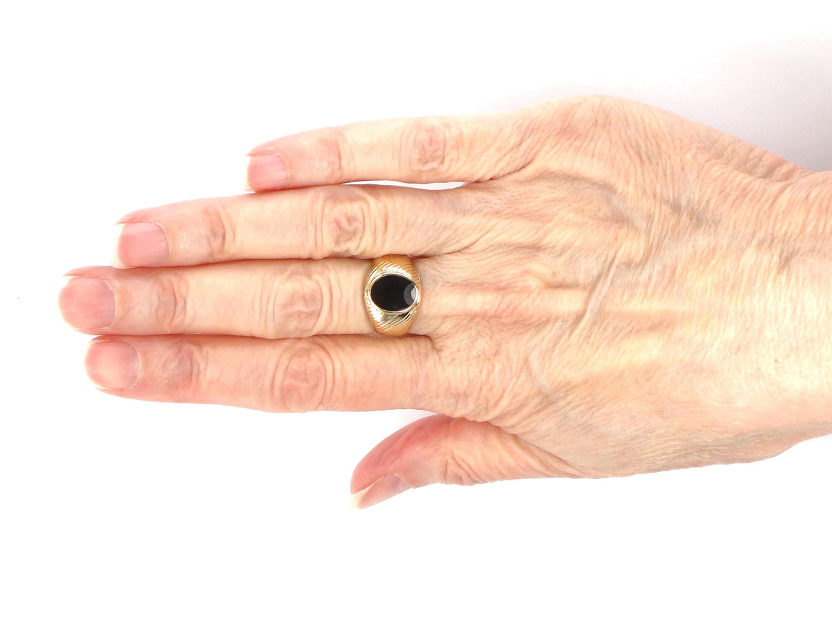 Vintage Solid 10k Yellow Gold Onyx Ring: 1960s, Bezel Set Black Stone, Size 5-BelmarJewelers