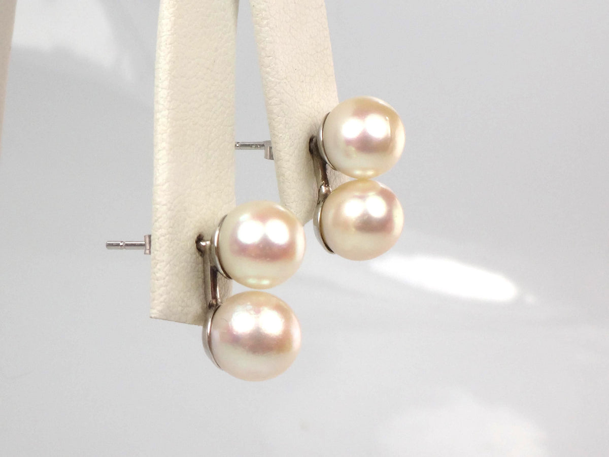 Vintage 14k White Gold Cultured Double Pearl Stud Earrings, Bridal, 7.5 - 7.7 mm-BelmarJewelers