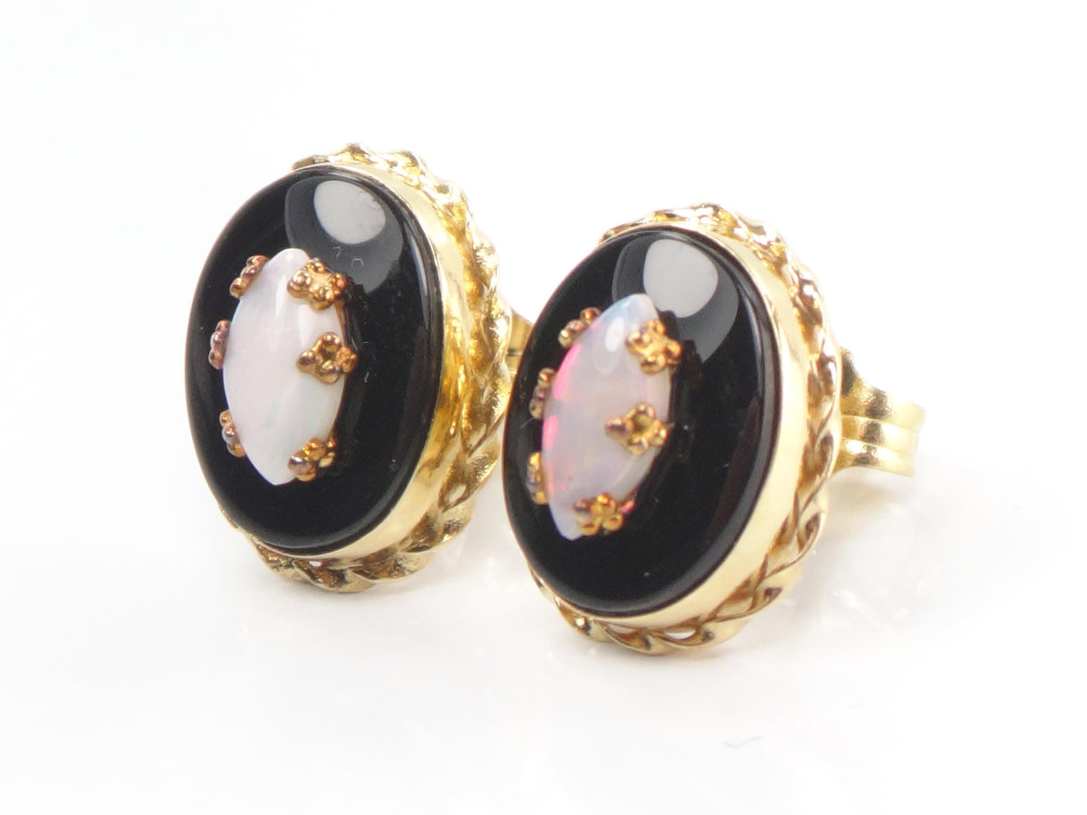 Vintage 14k Yellow Gold Onyx and Opal Stud Earrings, Circa 1970s-BelmarJewelers