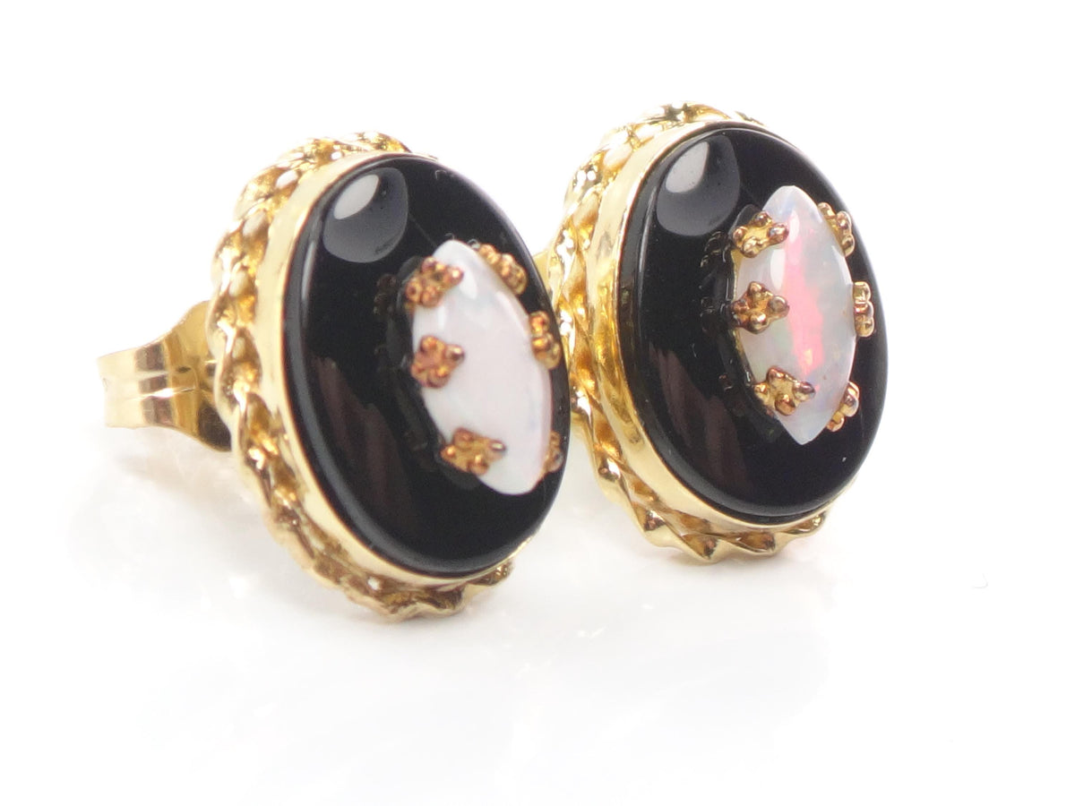 Vintage 14k Yellow Gold Onyx and Opal Stud Earrings, Circa 1970s-BelmarJewelers