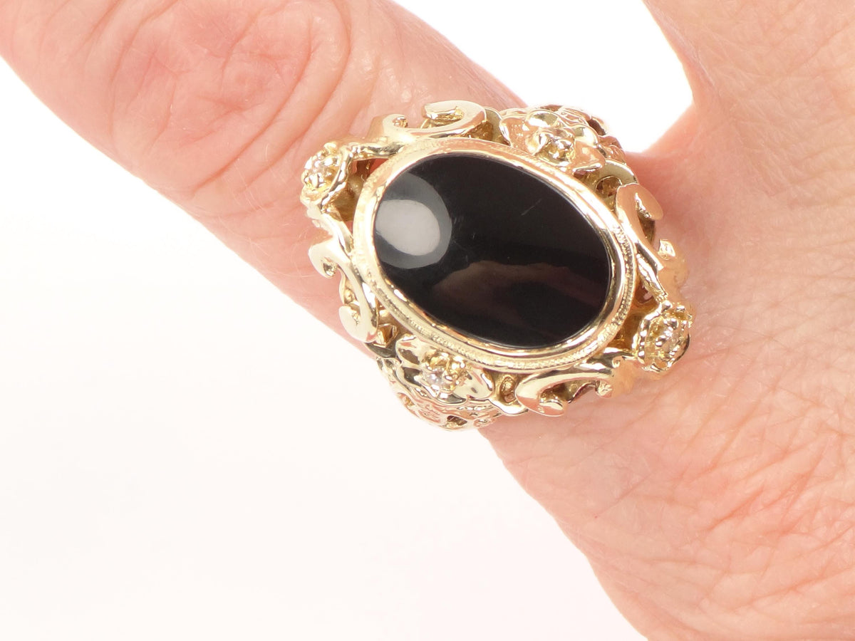 Vintage 1960s 14k Yellow Gold Onyx and Diamond Ring, Gothic Revival, Size 7.75-BelmarJewelers