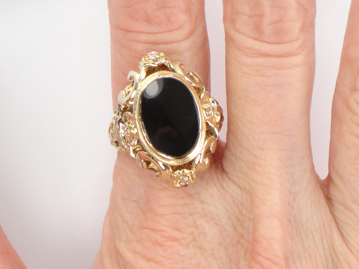 Vintage 1960s 14k Yellow Gold Onyx and Diamond Ring, Gothic Revival, Size 7.75-BelmarJewelers