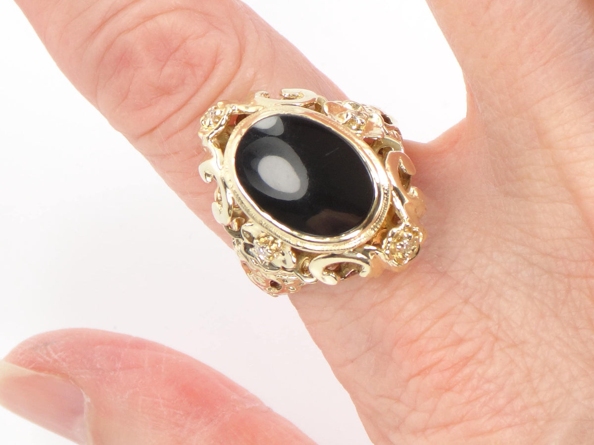 Vintage 1960s 14k Yellow Gold Onyx and Diamond Ring, Gothic Revival, Size 7.75-BelmarJewelers