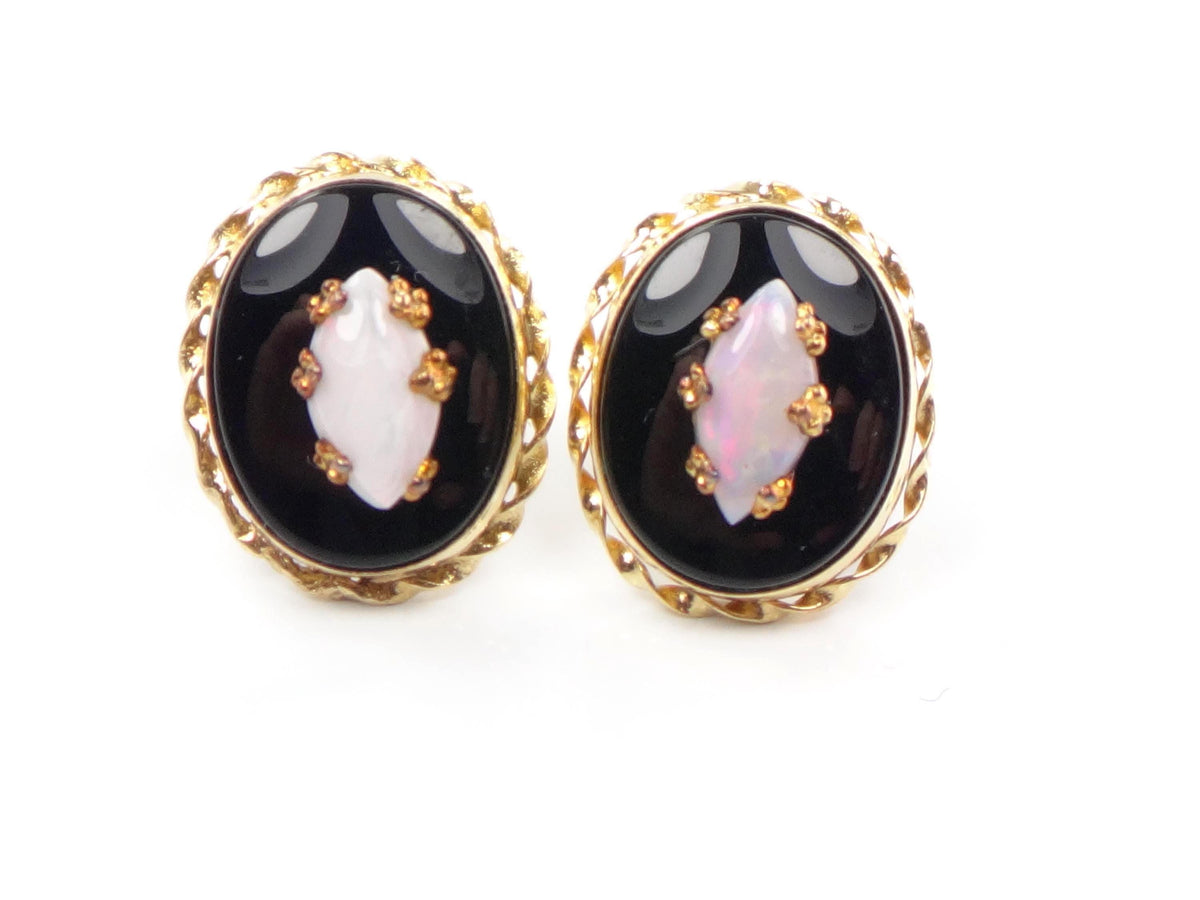 Vintage 14k Yellow Gold Onyx and Opal Stud Earrings, Circa 1970s-BelmarJewelers