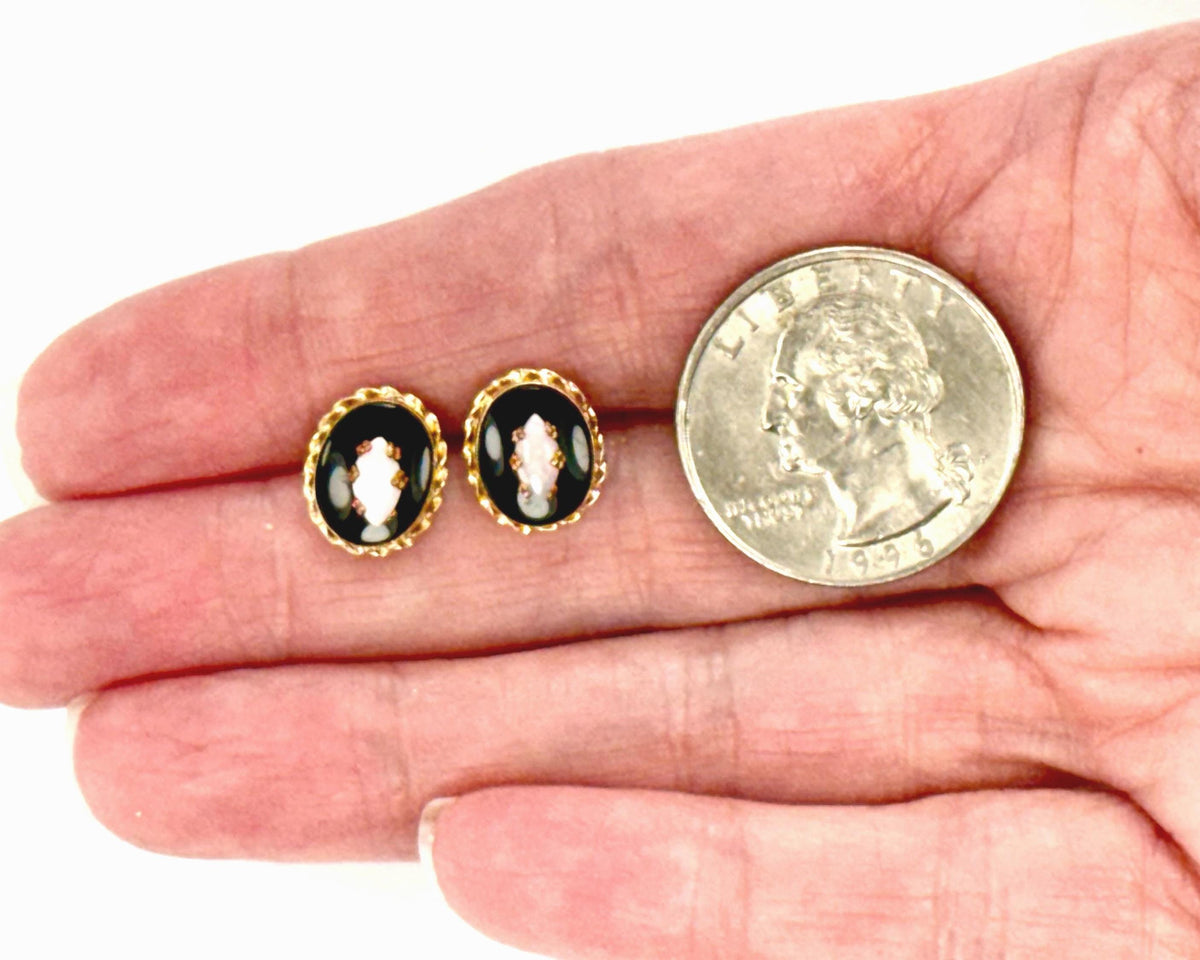 Vintage 14k Yellow Gold Onyx and Opal Stud Earrings, Circa 1970s-BelmarJewelers