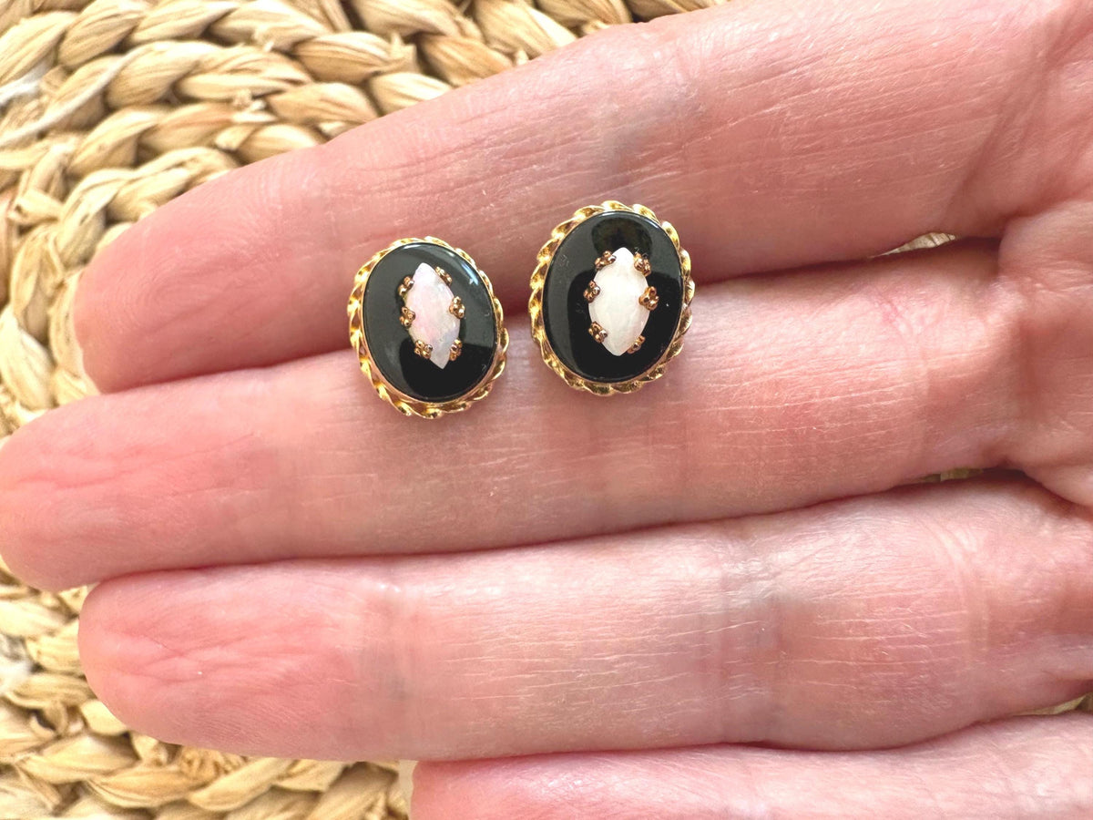Vintage 14k Yellow Gold Onyx and Opal Stud Earrings, Circa 1970s-BelmarJewelers
