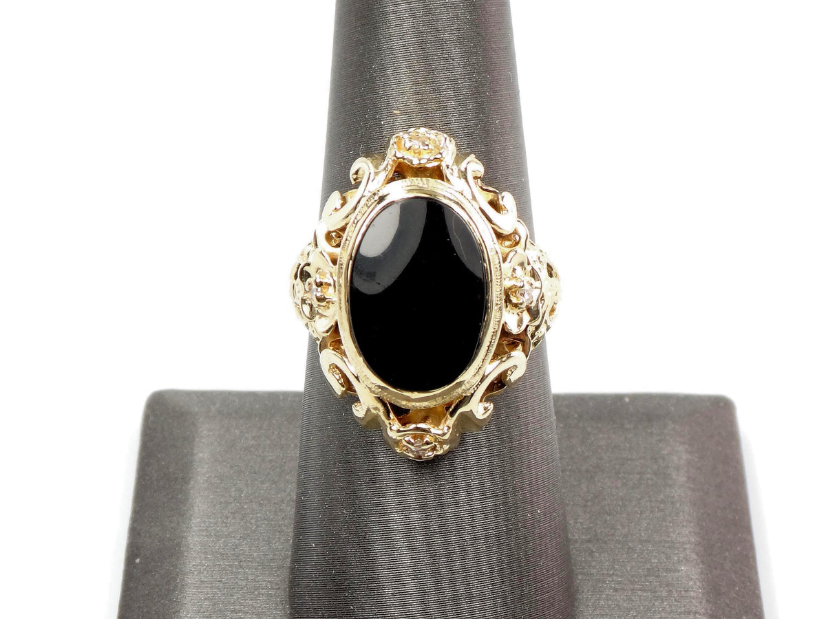 Vintage 1960s 14k Yellow Gold Onyx and Diamond Ring, Gothic Revival, Size 7.75-BelmarJewelers