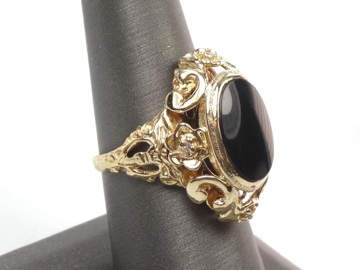 Vintage 1960s 14k Yellow Gold Onyx and Diamond Ring, Gothic Revival, Size 7.75-BelmarJewelers