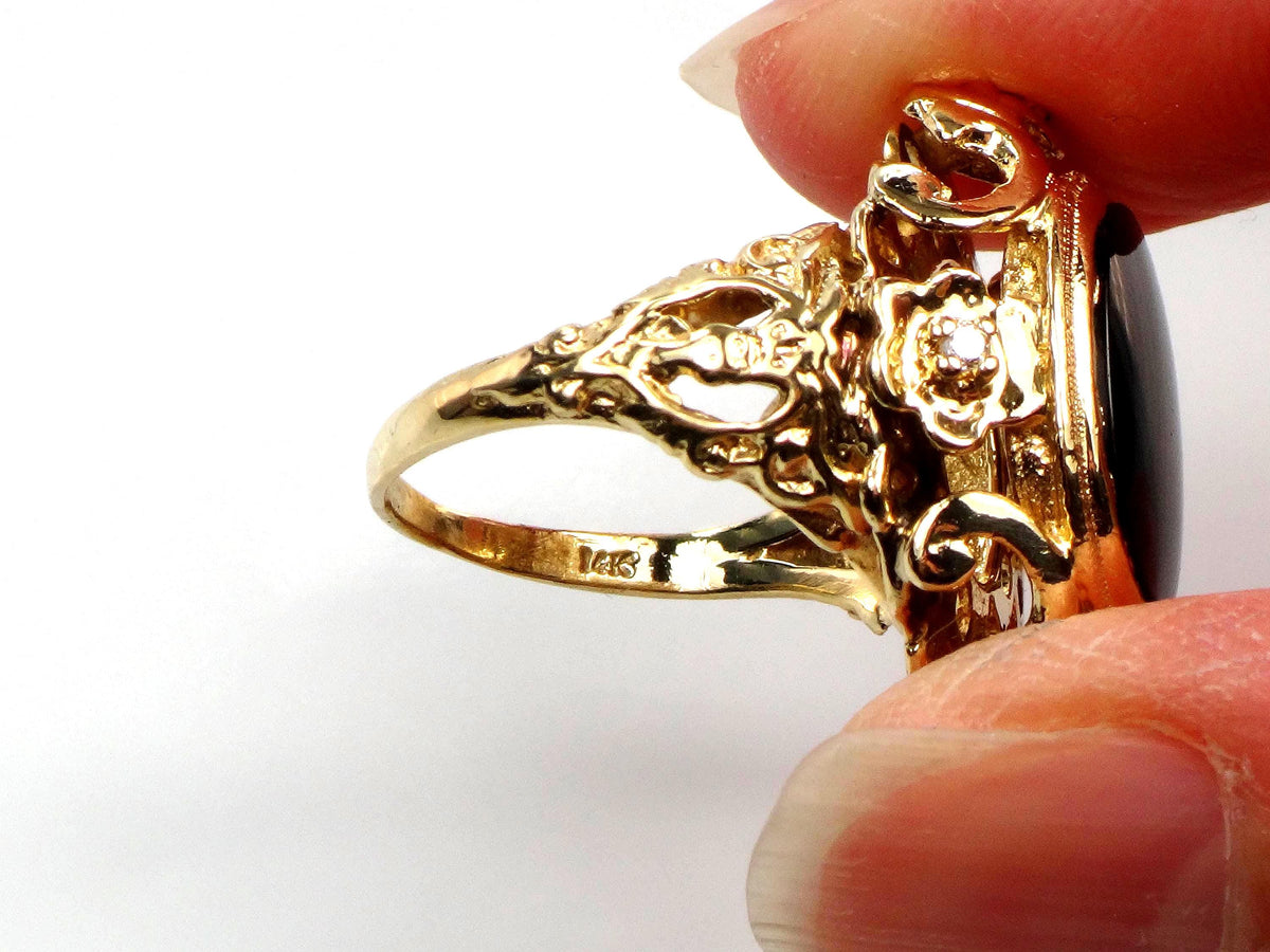 Vintage 1960s 14k Yellow Gold Onyx and Diamond Ring, Gothic Revival, Size 7.75-BelmarJewelers