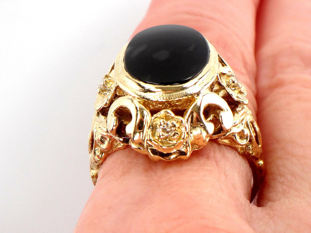 Vintage 1960s 14k Yellow Gold Onyx and Diamond Ring, Gothic Revival, Size 7.75-BelmarJewelers