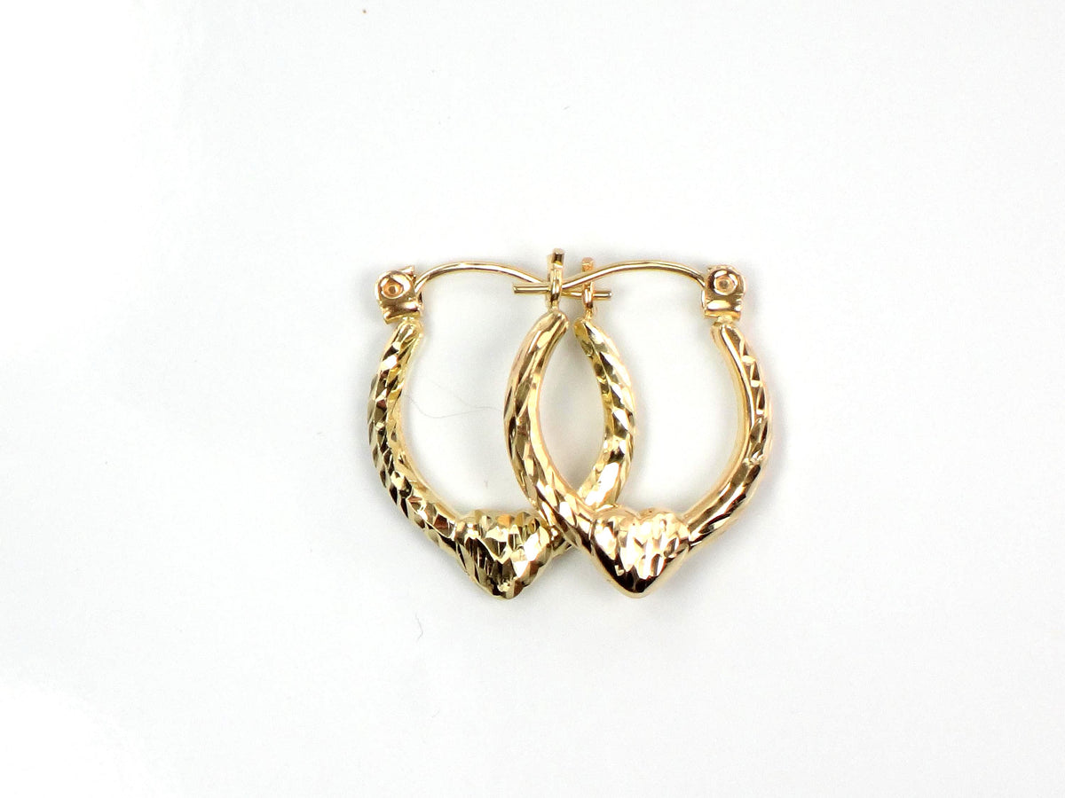 Vintage Small 14k Yellow Gold Diamond Cut Heart Hoop Earrings-BelmarJewelers
