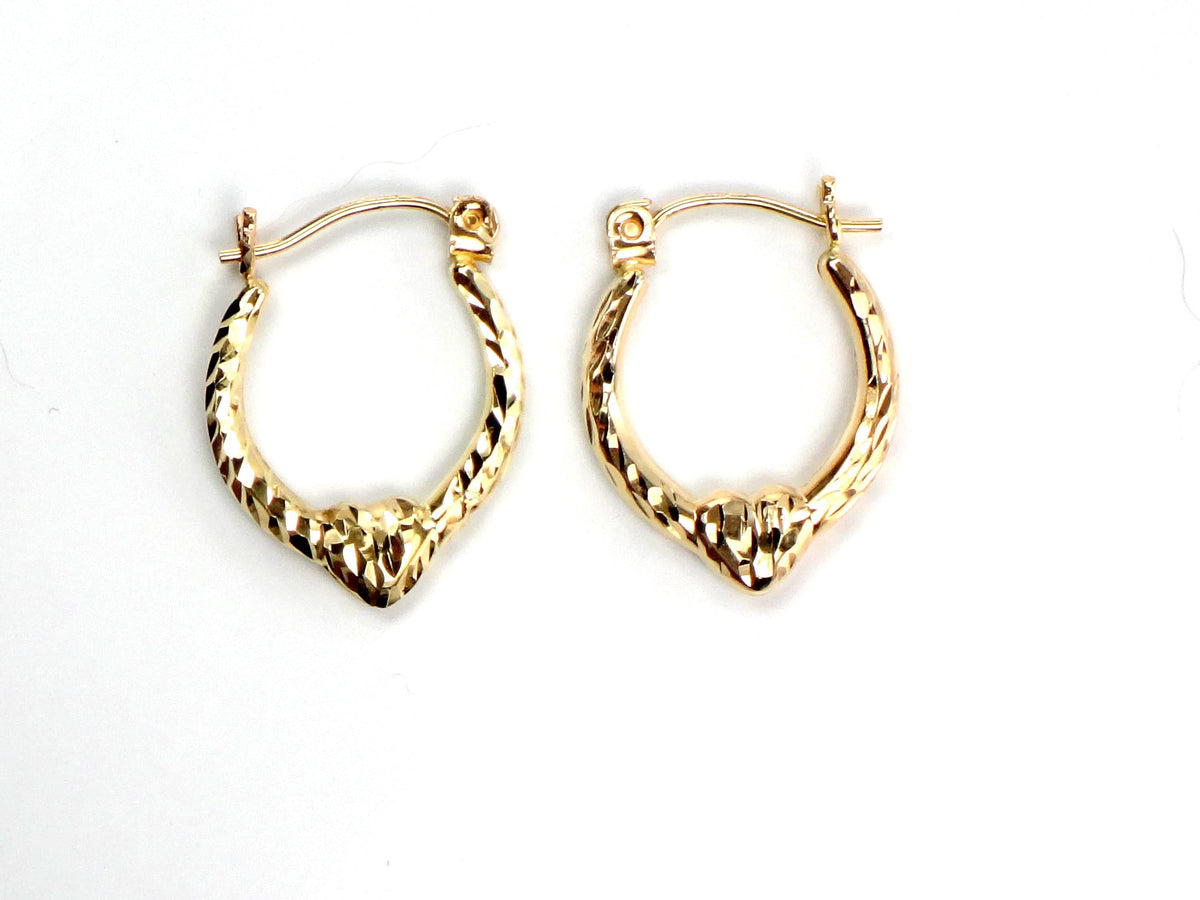 Vintage Small 14k Yellow Gold Diamond Cut Heart Hoop Earrings-BelmarJewelers