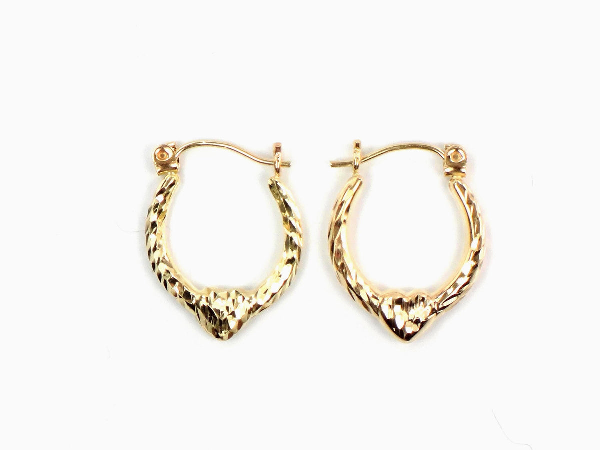 Vintage Small 14k Yellow Gold Diamond Cut Heart Hoop Earrings-BelmarJewelers