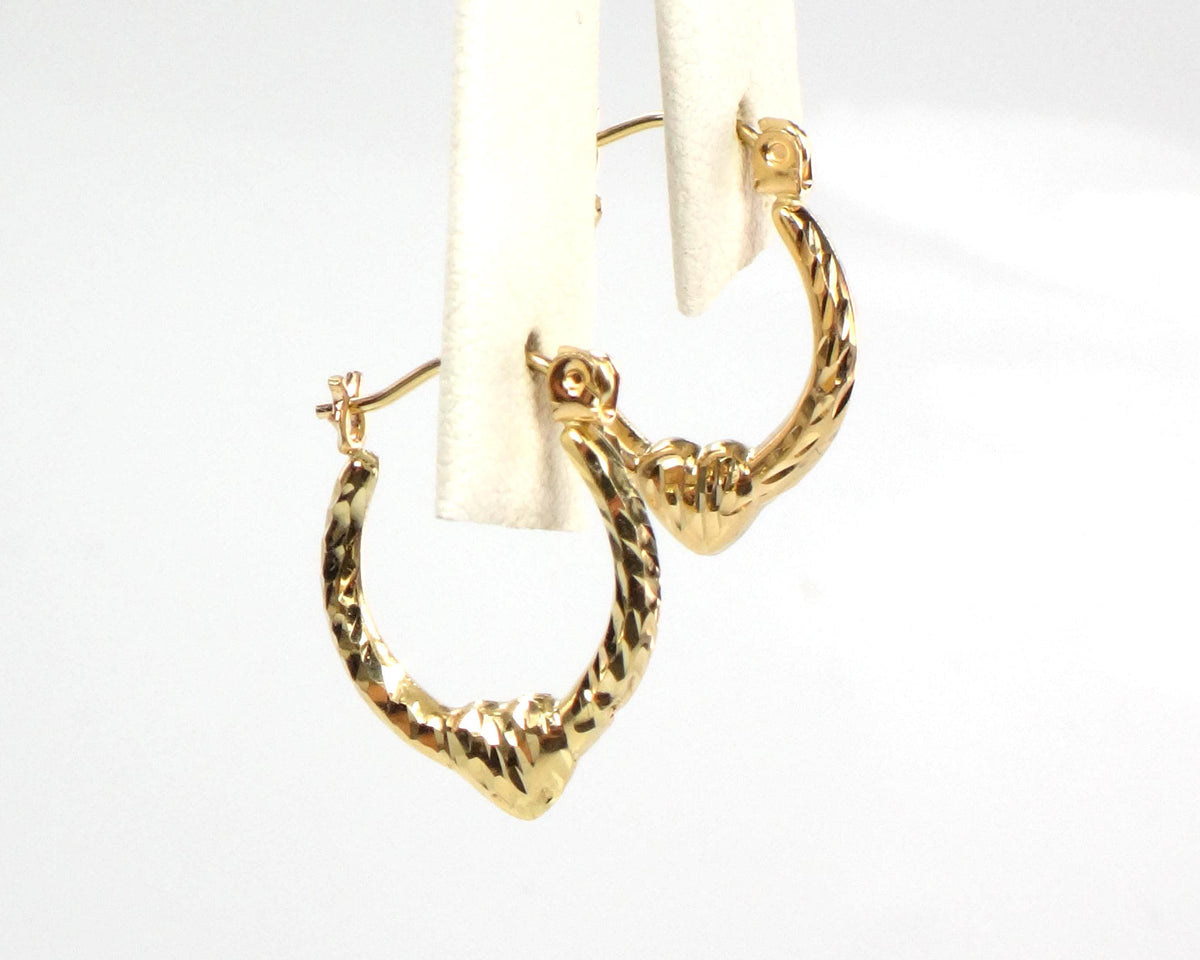 Vintage Small 14k Yellow Gold Diamond Cut Heart Hoop Earrings-BelmarJewelers