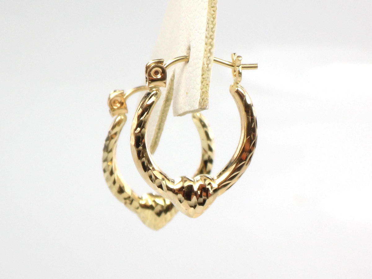 Vintage Small 14k Yellow Gold Diamond Cut Heart Hoop Earrings-BelmarJewelers