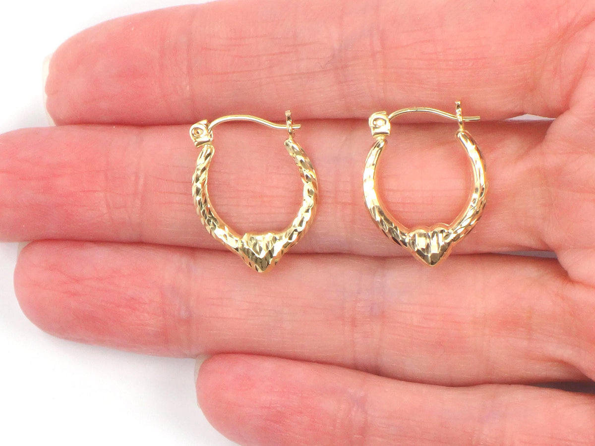 Vintage Small 14k Yellow Gold Diamond Cut Heart Hoop Earrings-BelmarJewelers