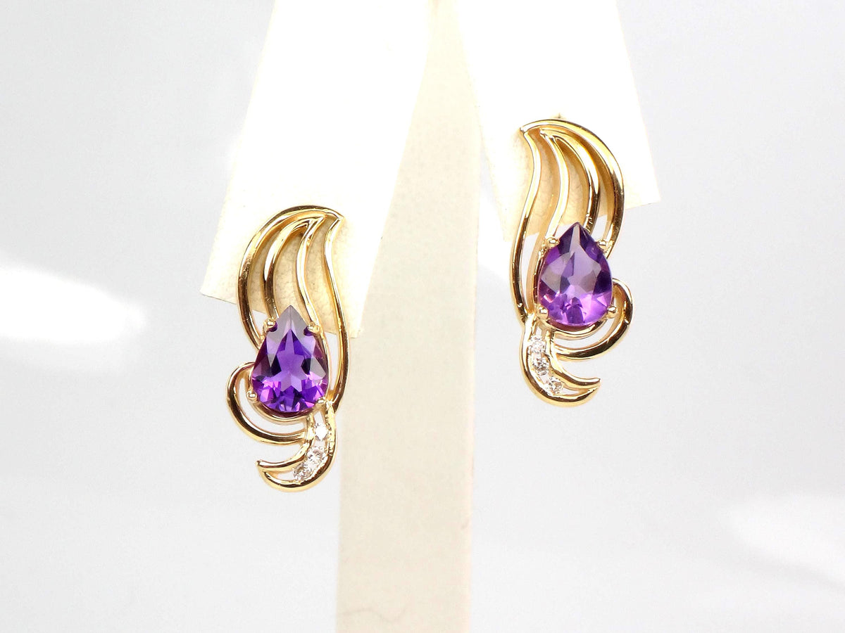 Vintage Solid 14k Yellow Gold Pear Cut Amethyst & Diamond Stud Earrings-BelmarJewelers