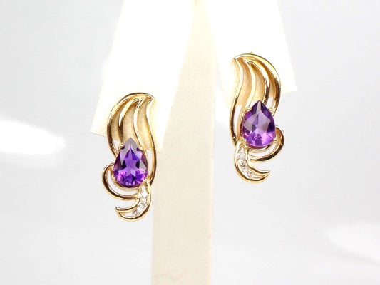 Vintage Solid 14k Yellow Gold Pear Cut Amethyst & Diamond Stud Earrings-BelmarJewelers