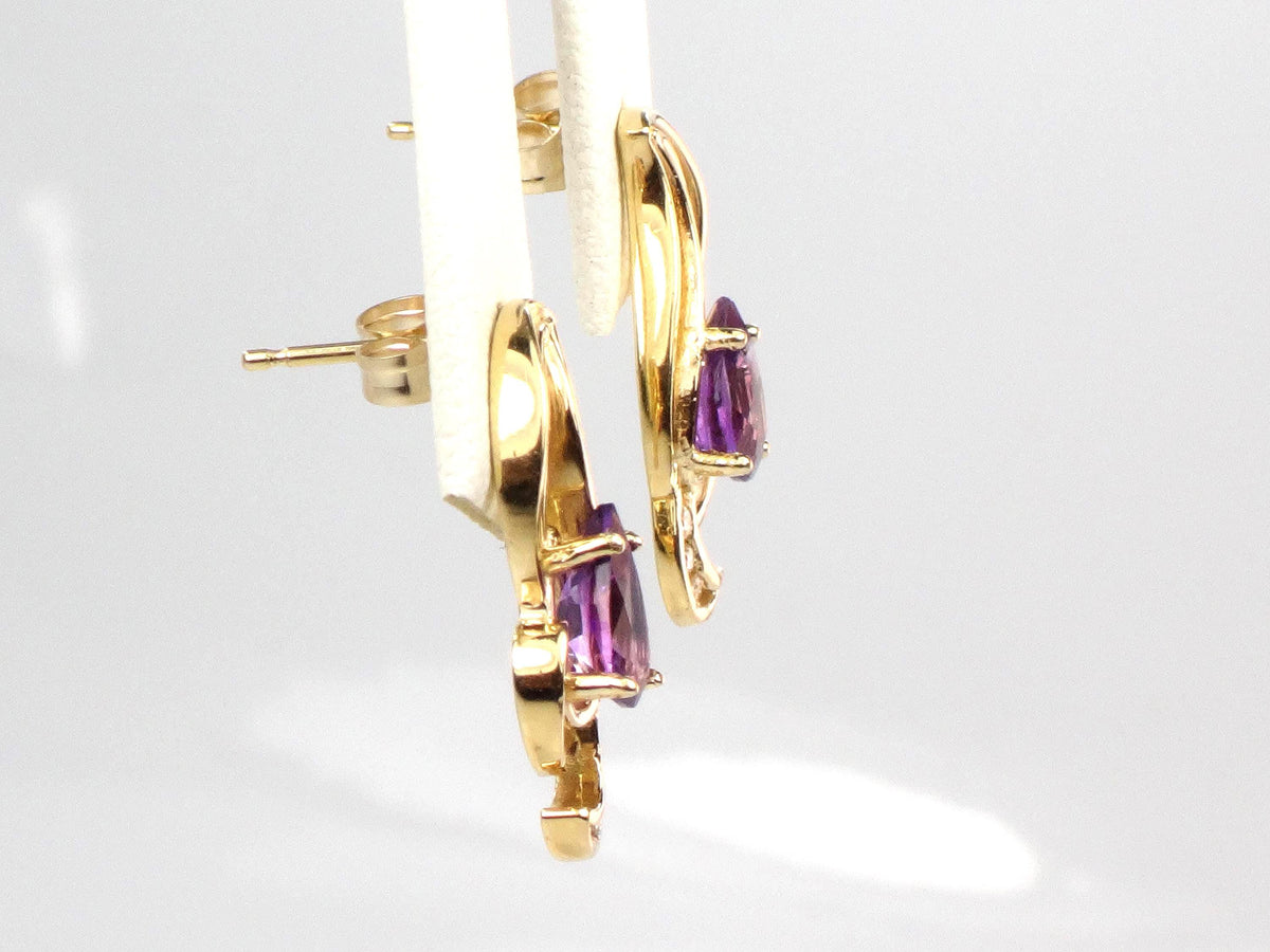 Vintage Solid 14k Yellow Gold Pear Cut Amethyst & Diamond Stud Earrings-BelmarJewelers