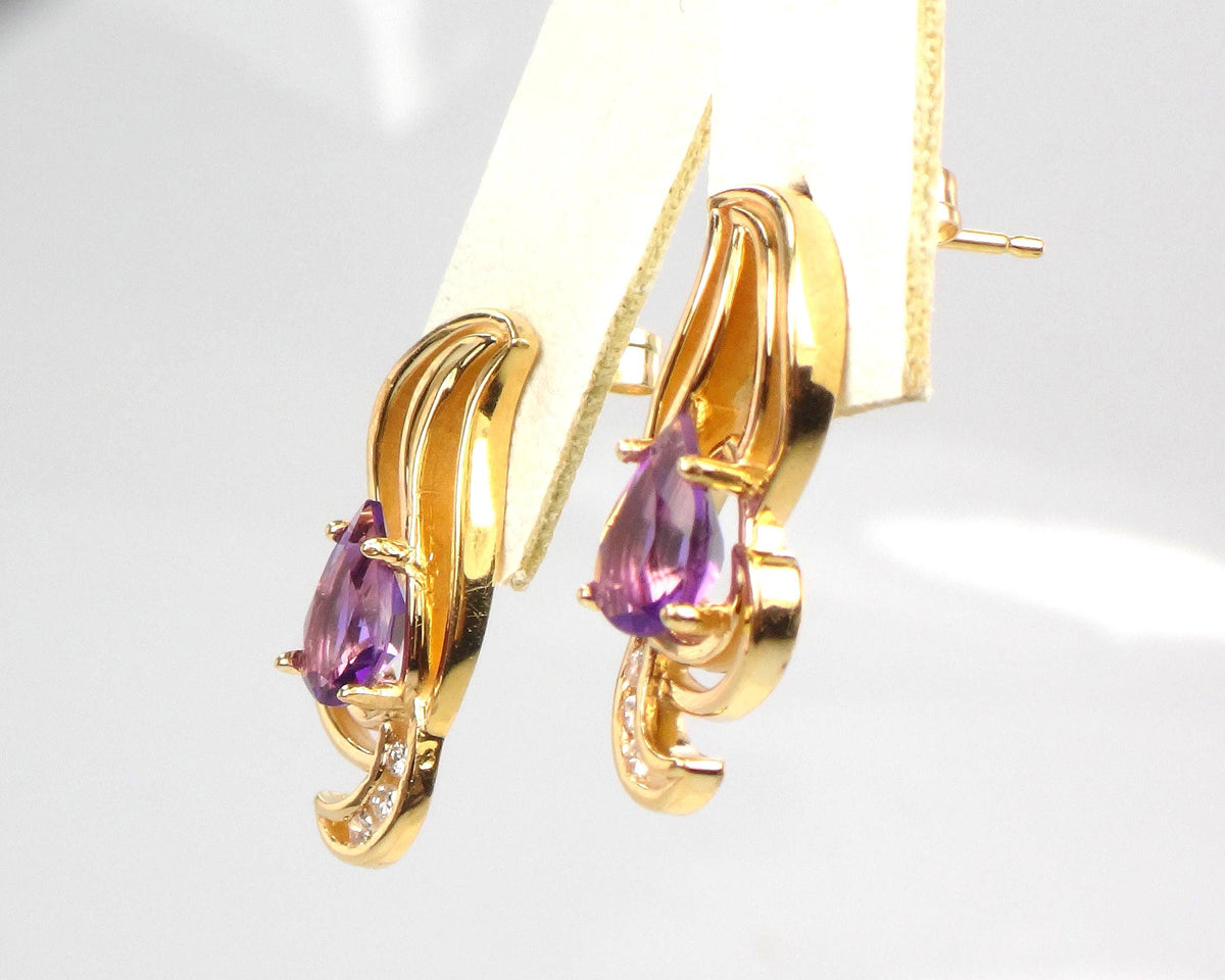 Vintage Solid 14k Yellow Gold Pear Cut Amethyst & Diamond Stud Earrings-BelmarJewelers