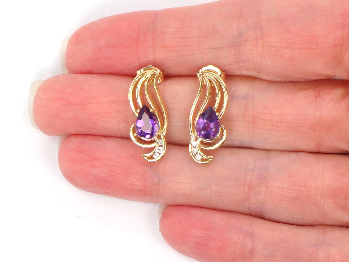 Vintage Solid 14k Yellow Gold Pear Cut Amethyst & Diamond Stud Earrings-BelmarJewelers