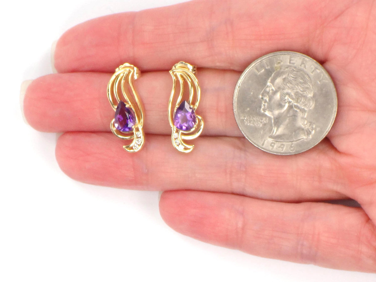 Vintage Solid 14k Yellow Gold Pear Cut Amethyst & Diamond Stud Earrings-BelmarJewelers