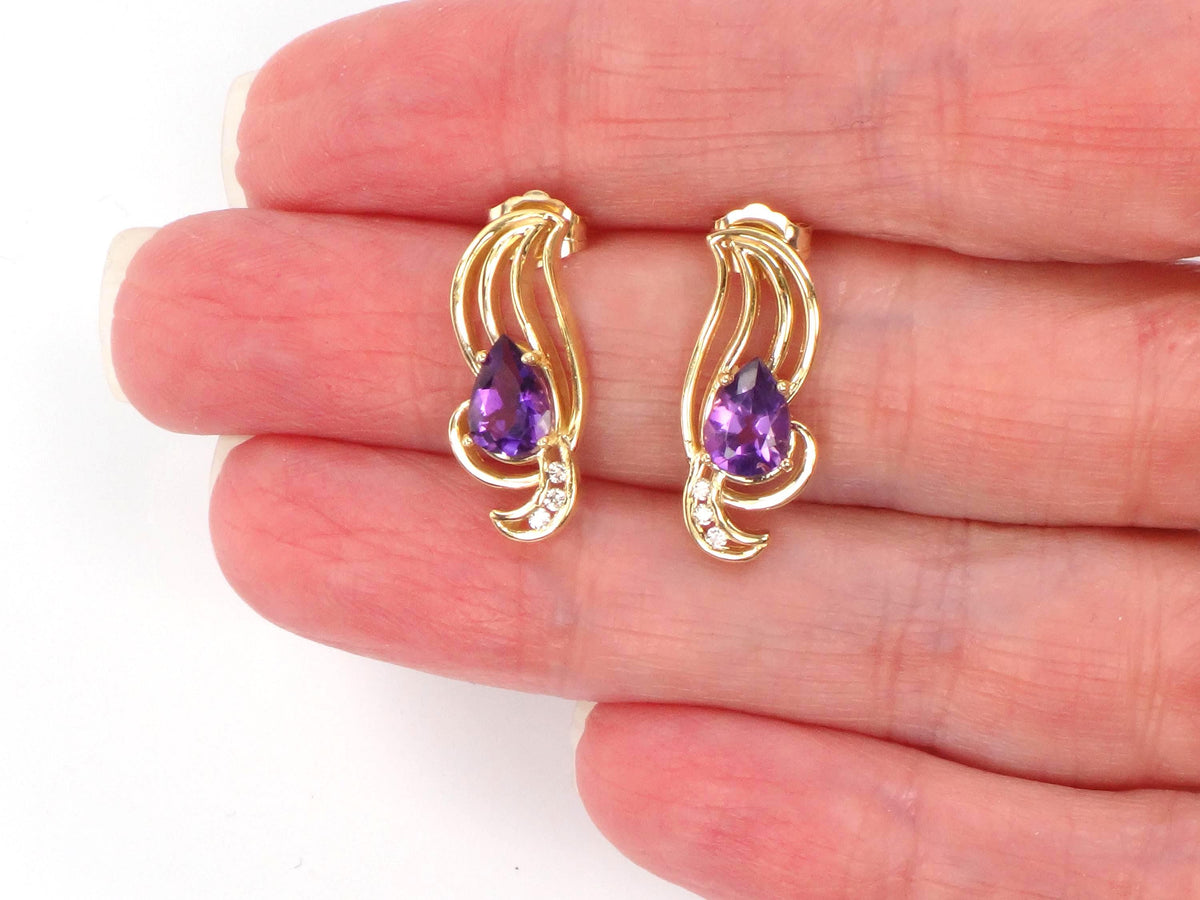 Vintage Solid 14k Yellow Gold Pear Cut Amethyst & Diamond Stud Earrings-BelmarJewelers