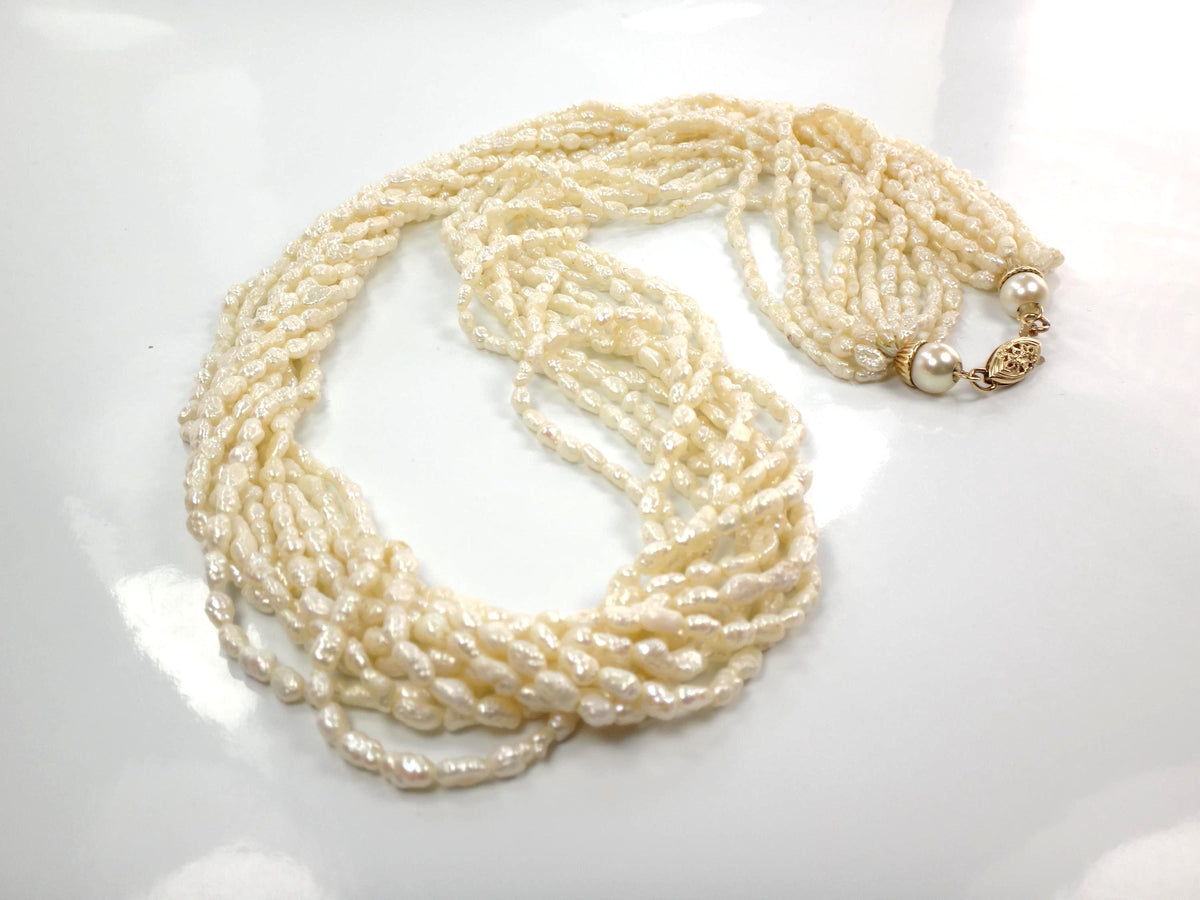 Vintage 14k Gold Ten Strand Freshwater Pearl Necklace 25", Bridal-BelmarJewelers