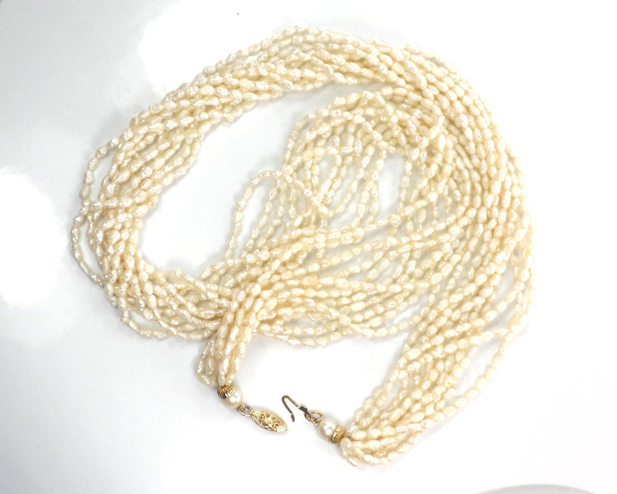 Vintage 14k Gold Ten Strand Freshwater Pearl Necklace 25", Bridal-BelmarJewelers