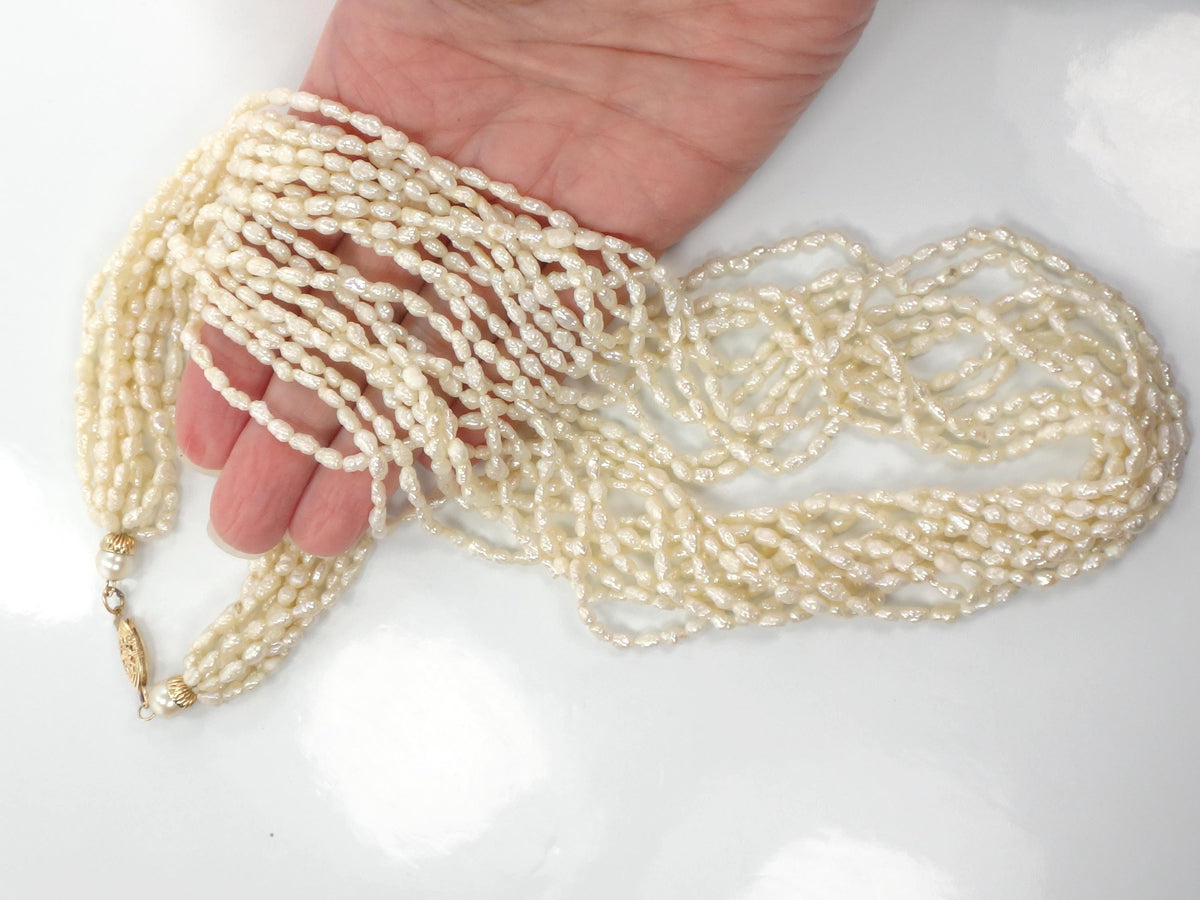 Vintage 14k Gold Ten Strand Freshwater Pearl Necklace 25", Bridal-BelmarJewelers