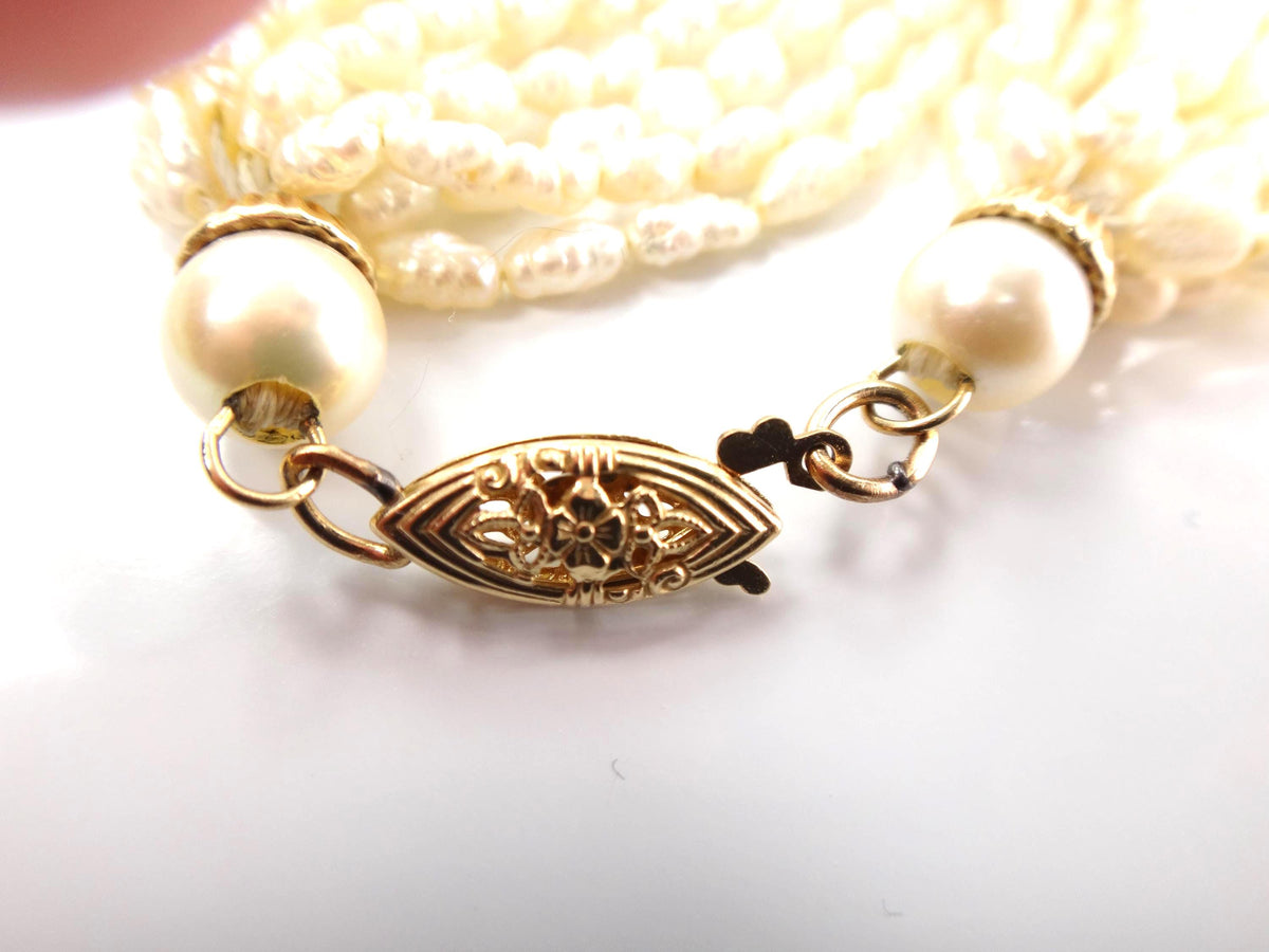 Vintage 14k Gold Ten Strand Freshwater Pearl Necklace 25", Bridal-BelmarJewelers