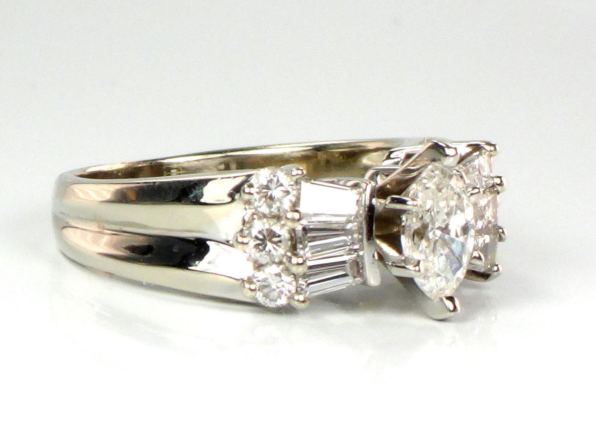 Vintage 14k White Gold Marquise Diamond Engagement Ring, Circa 1980s, 1 Carat TDW, Size 5.5-BelmarJewelers