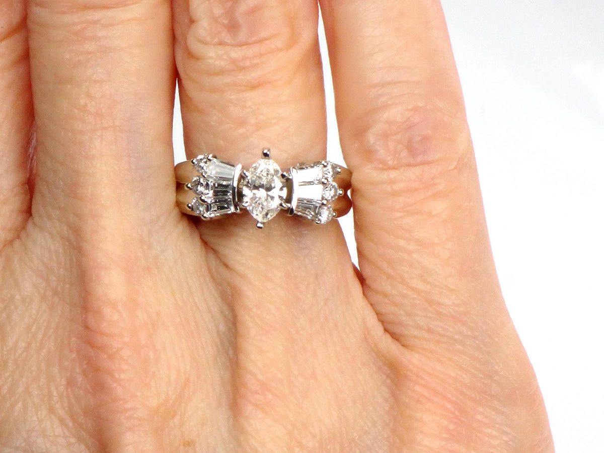 Vintage 14k White Gold Marquise Diamond Engagement Ring, Circa 1980s, 1 Carat TDW, Size 5.5-BelmarJewelers