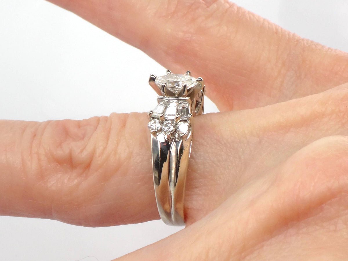 Vintage 14k White Gold Marquise Diamond Engagement Ring, Circa 1980s, 1 Carat TDW, Size 5.5-BelmarJewelers