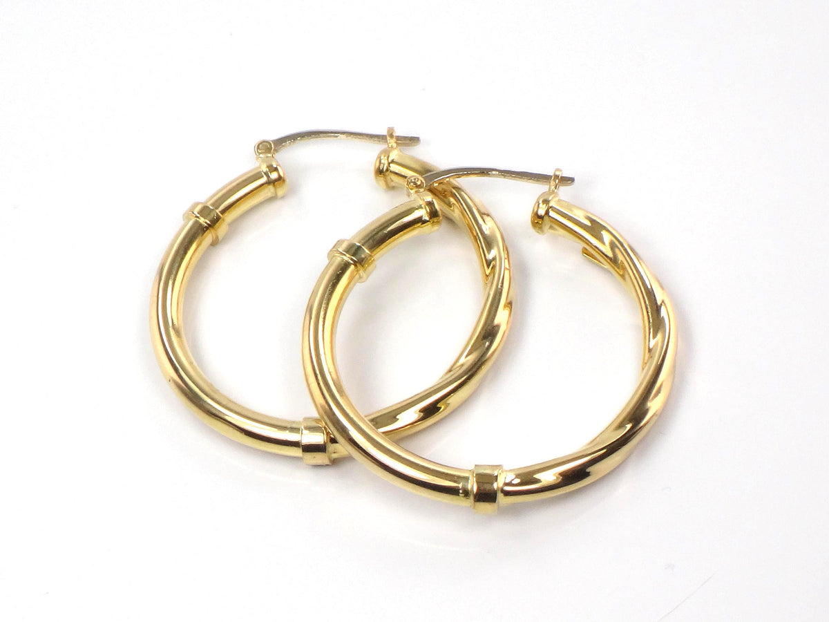 Vintage 18k Yellow Gold Polished and Twist Hoop Earrings: 1 3/16"-BelmarJewelers