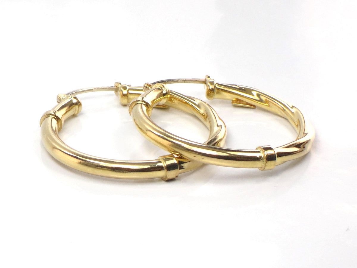 Vintage 18k Yellow Gold Polished and Twist Hoop Earrings: 1 3/16"-BelmarJewelers
