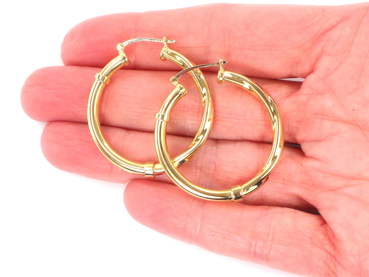 Vintage 18k Yellow Gold Polished and Twist Hoop Earrings: 1 3/16"-BelmarJewelers