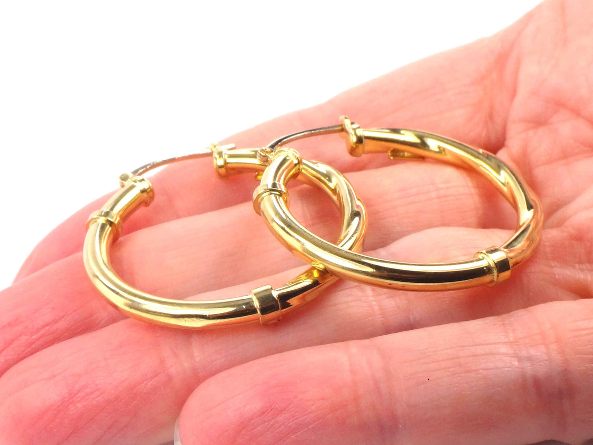 Vintage 18k Yellow Gold Polished and Twist Hoop Earrings: 1 3/16"-BelmarJewelers