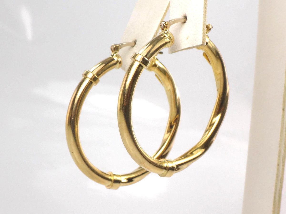 Vintage 18k Yellow Gold Polished and Twist Hoop Earrings: 1 3/16"-BelmarJewelers
