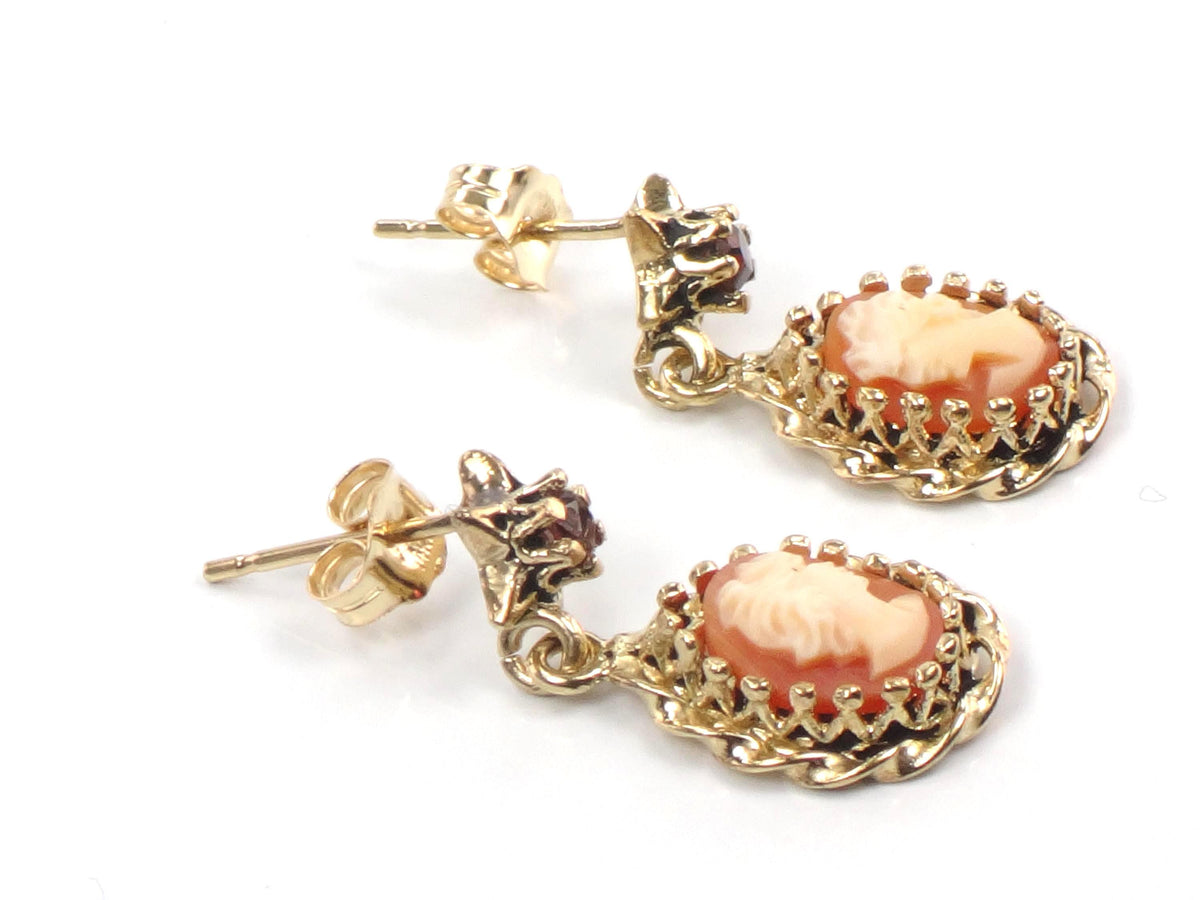 Vintage 14k Yellow Gold Shell Cameo and Garnet Star Dangle Earrings with Post Backs-BelmarJewelers