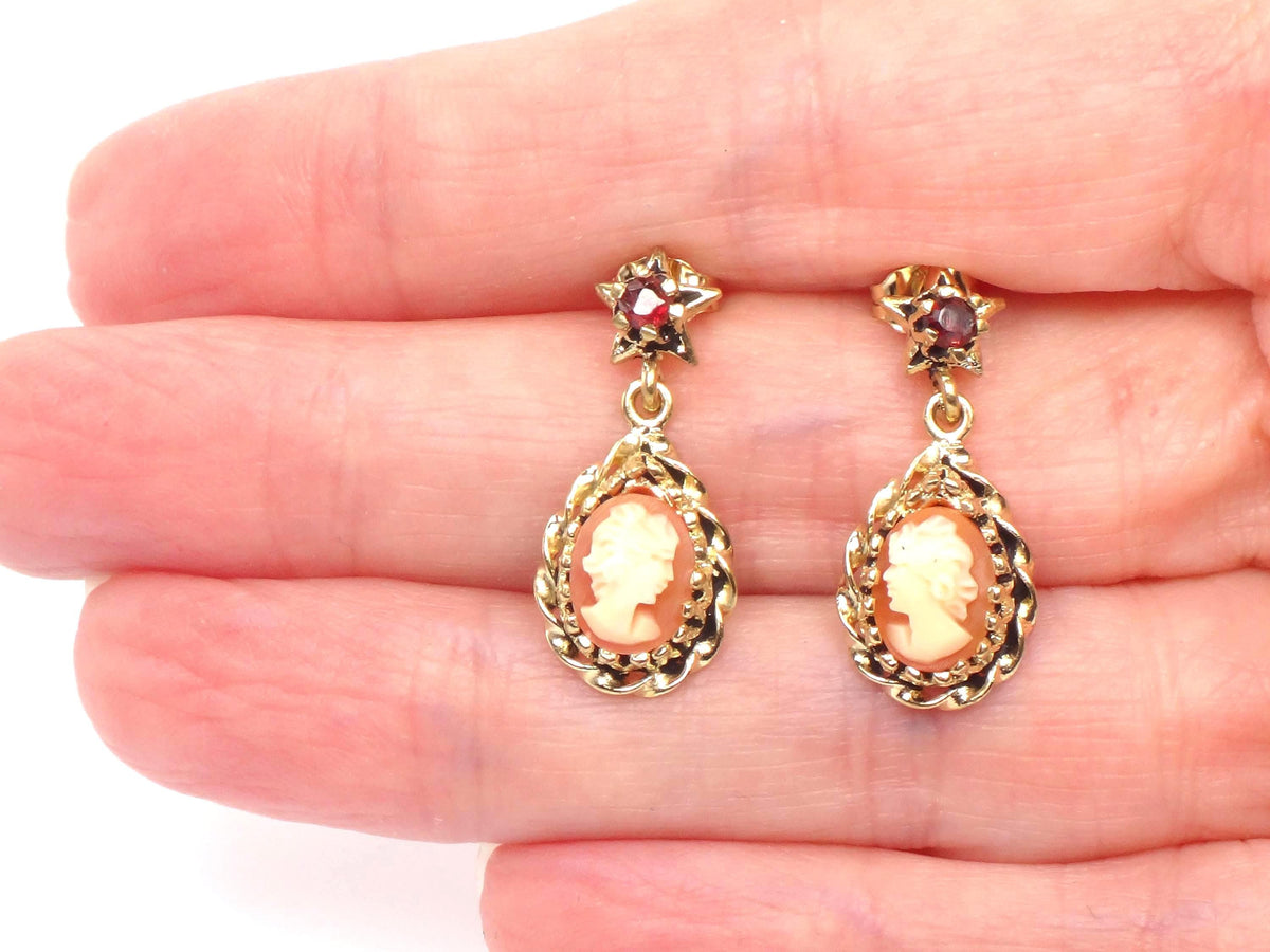 Vintage 14k Yellow Gold Shell Cameo and Garnet Star Dangle Earrings with Post Backs-BelmarJewelers