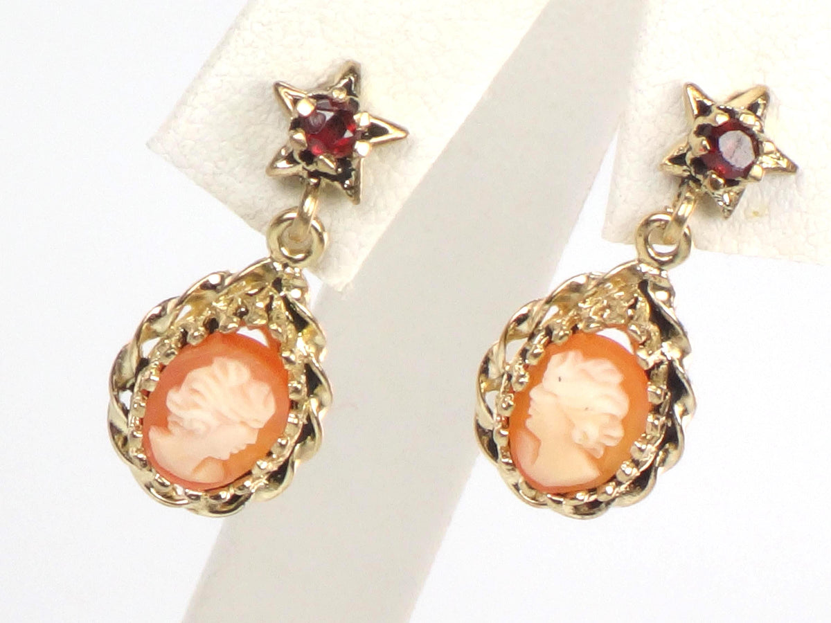 Vintage 14k Yellow Gold Shell Cameo and Garnet Star Dangle Earrings with Post Backs-BelmarJewelers
