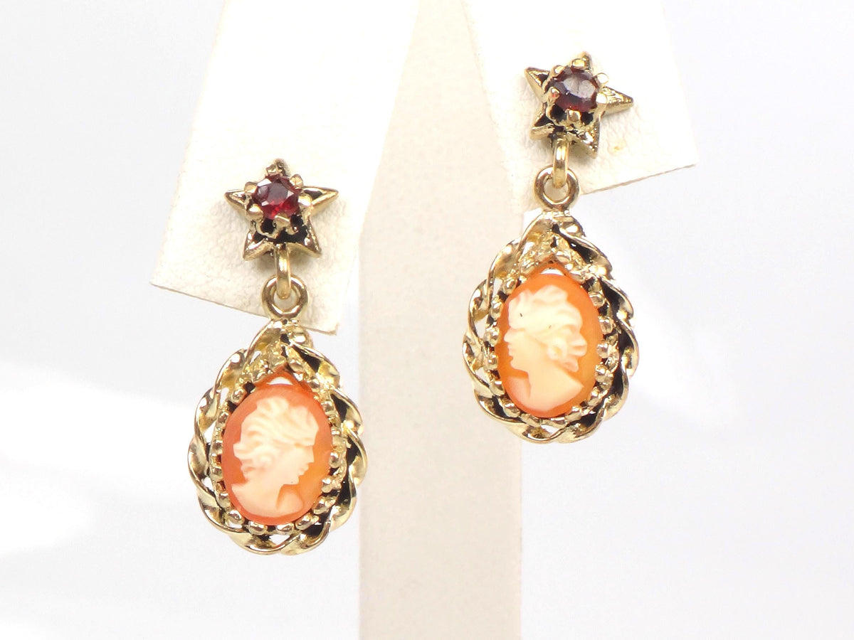 Vintage 14k Yellow Gold Shell Cameo and Garnet Star Dangle Earrings with Post Backs-BelmarJewelers