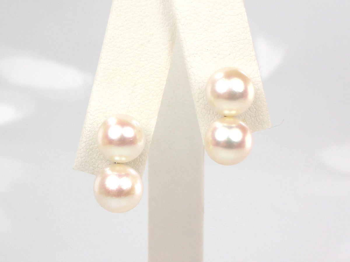 Vintage 14k White Gold Cultured Double Pearl Stud Earrings, Bridal, 7.5 - 7.7 mm-BelmarJewelers