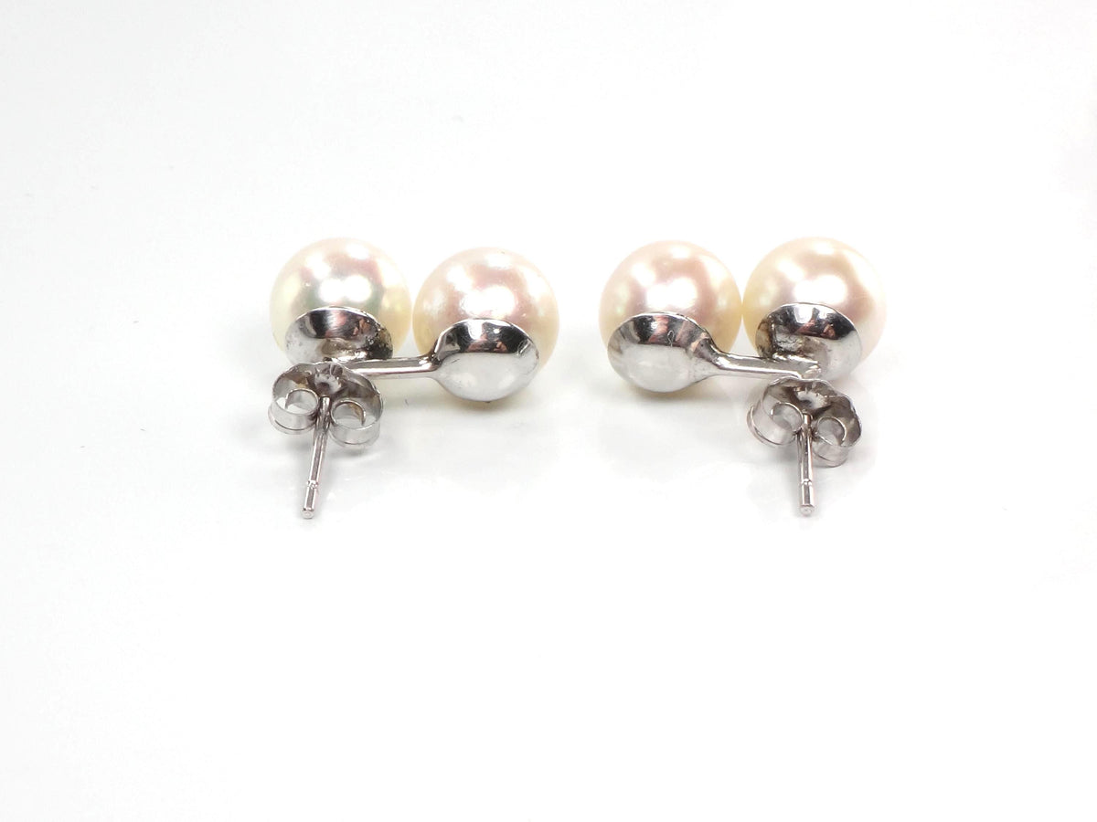 Vintage 14k White Gold Cultured Double Pearl Stud Earrings, Bridal, 7.5 - 7.7 mm-BelmarJewelers