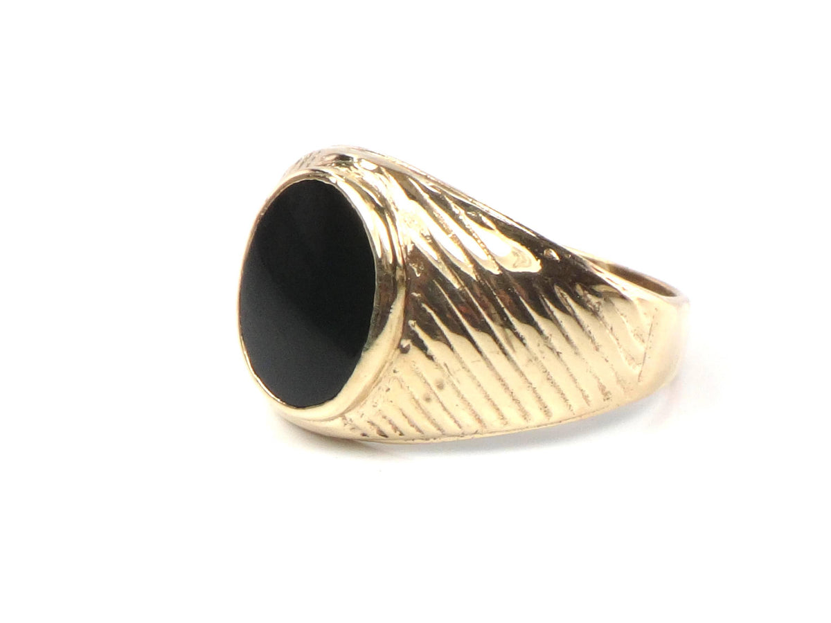Vintage Solid 10k Yellow Gold Onyx Ring: 1960s, Bezel Set Black Stone, Size 5-BelmarJewelers