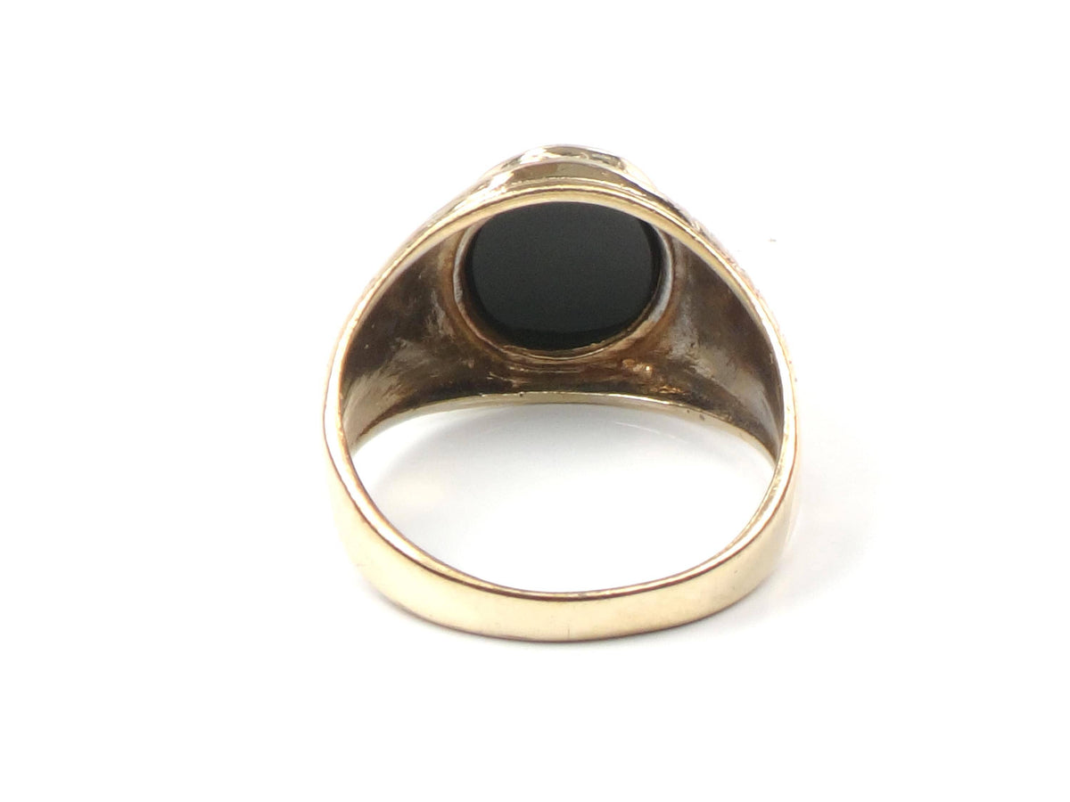 Vintage Solid 10k Yellow Gold Onyx Ring: 1960s, Bezel Set Black Stone, Size 5-BelmarJewelers