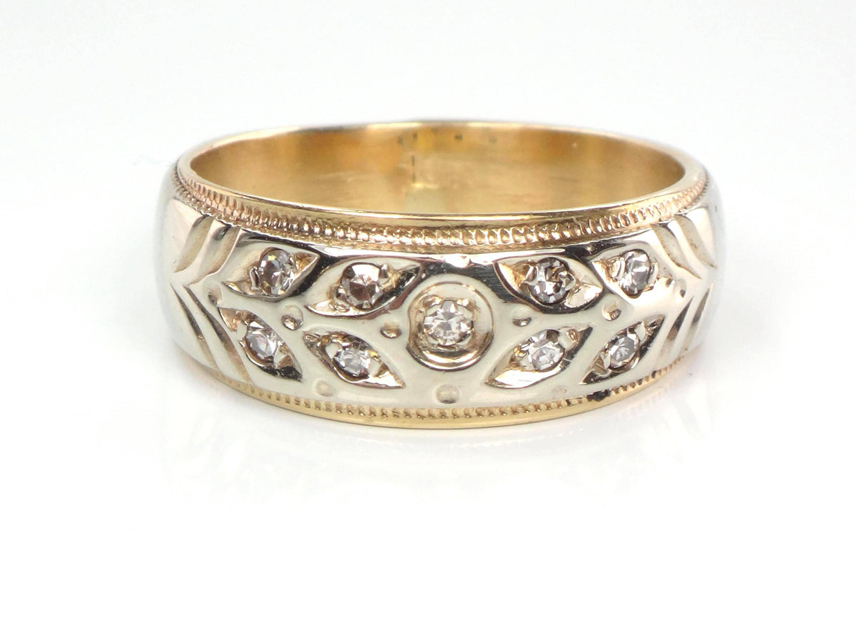 Vintage 14k Two Tone Gold Diamond Wedding Band, Size 7-BelmarJewelers