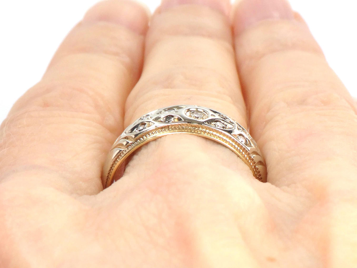 Vintage 14k Two Tone Gold Diamond Wedding Band, Size 7-BelmarJewelers