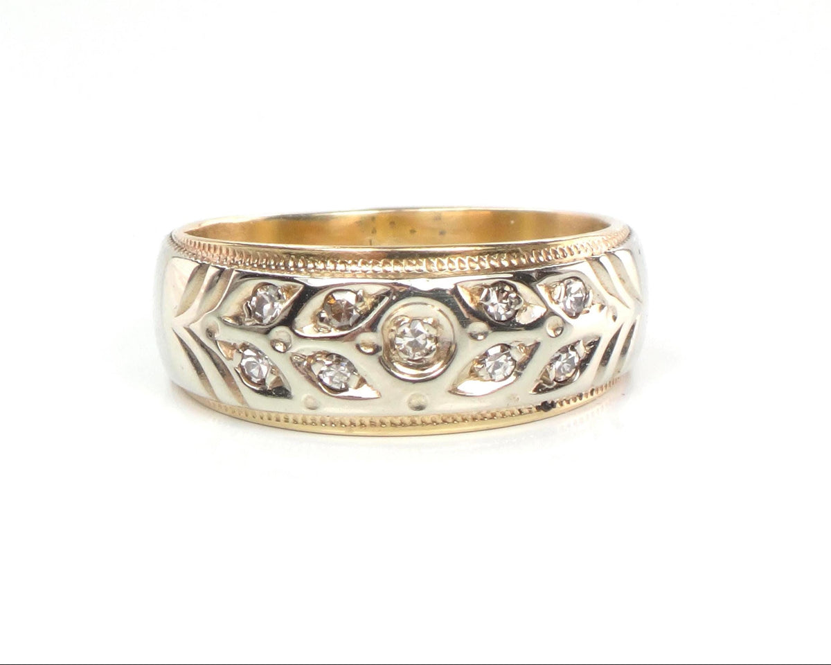 Vintage 14k Two Tone Gold Diamond Wedding Band, Size 7-BelmarJewelers